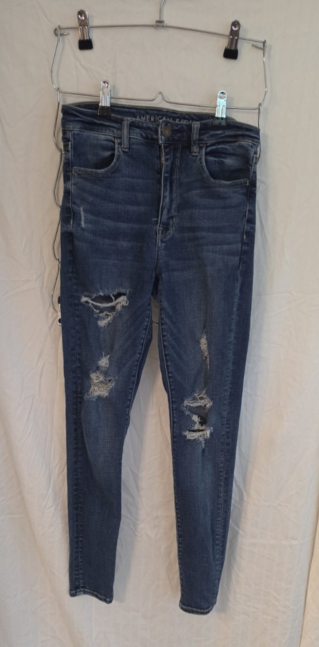 Americam Eagle Distressed Skinny Jeans Size 6 Dark Wash Stretch Ripped Knees